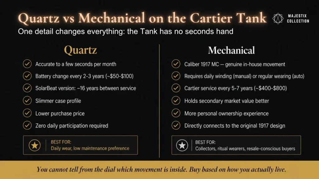 Cartier Tank quartz versus mechanical movement comparison showing dial and cost differences