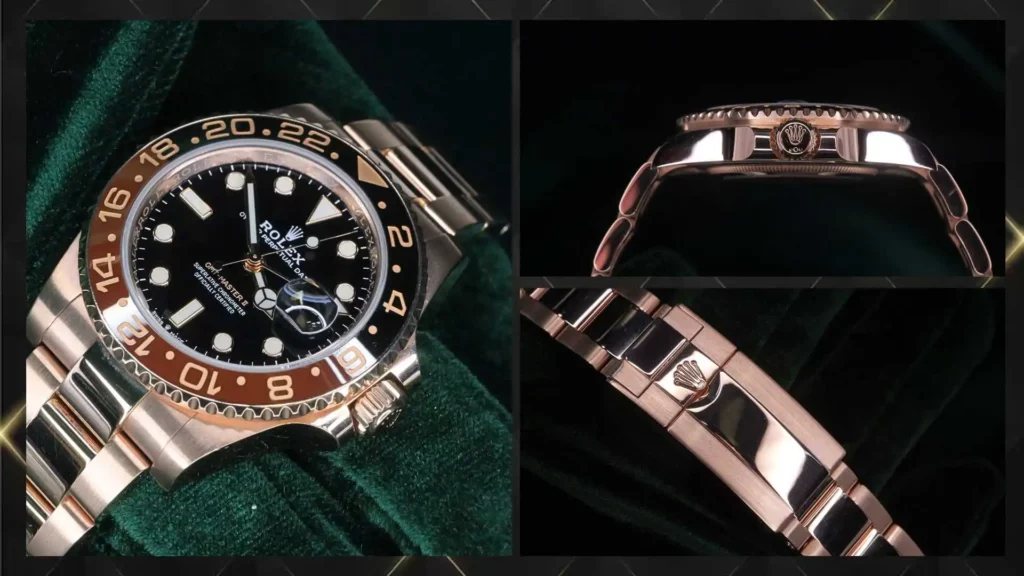 Close-up collage of the Rolex GMT-Master II Root Beer 126711CHNR featuring the black and brown Cerachrom bezel, Everose gold crown, and Oyster bracelet with polished center links on a green velvet background.