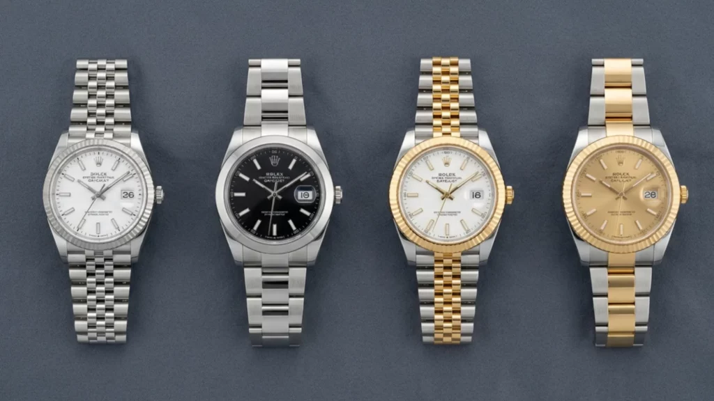 Rolex Datejust in steel white jubilee, steel black smooth, two-tone white jubilee, and two-tone champagne jubilee side by side on grey background