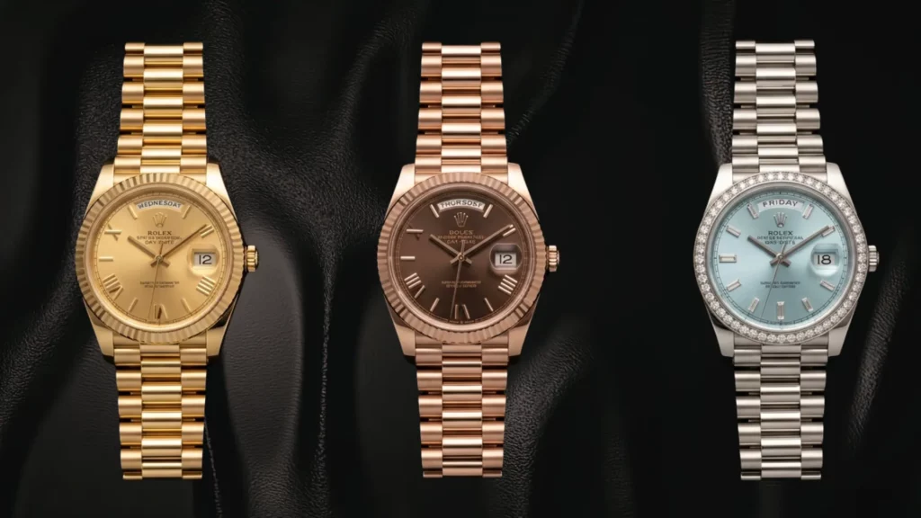 Rolex Day-Date in yellow gold champagne, Everose gold chocolate Roman dial, and platinum ice blue diamond bezel on president bracelets on black leather