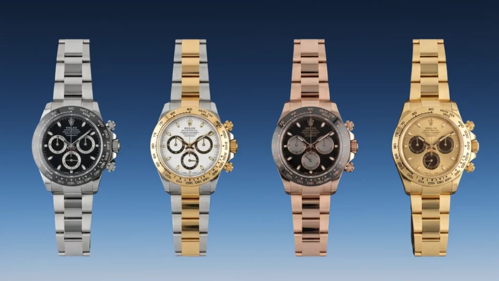 Rolex Daytona in steel black, yellow gold white, Everose gold, and yellow gold champagne dial side by side on blue gradient background