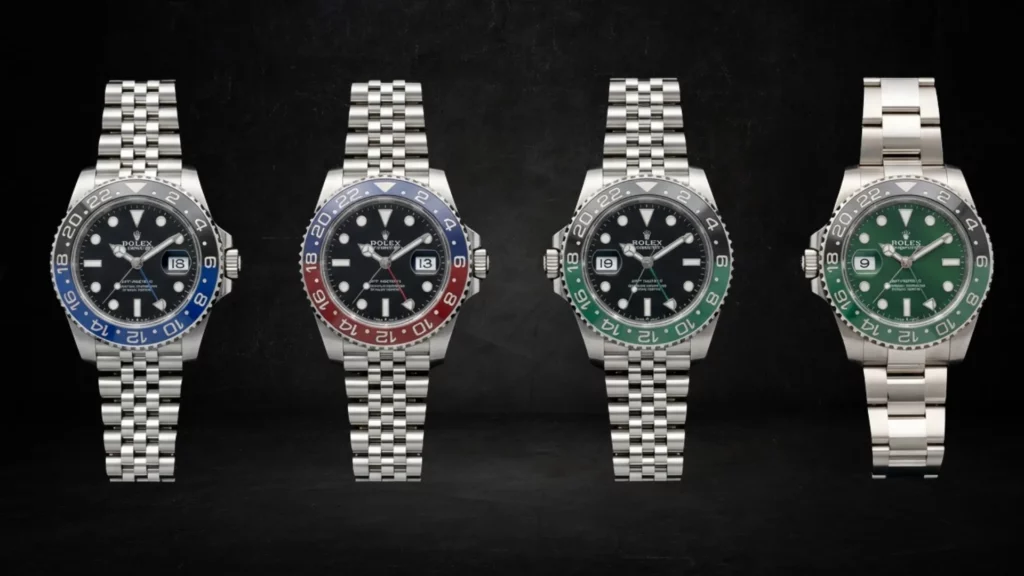 Rolex GMT-Master II in Batman blue-black, Pepsi red-blue, Sprite black-green, and Hulk green ceramic bezel on jubilee bracelets on dark background