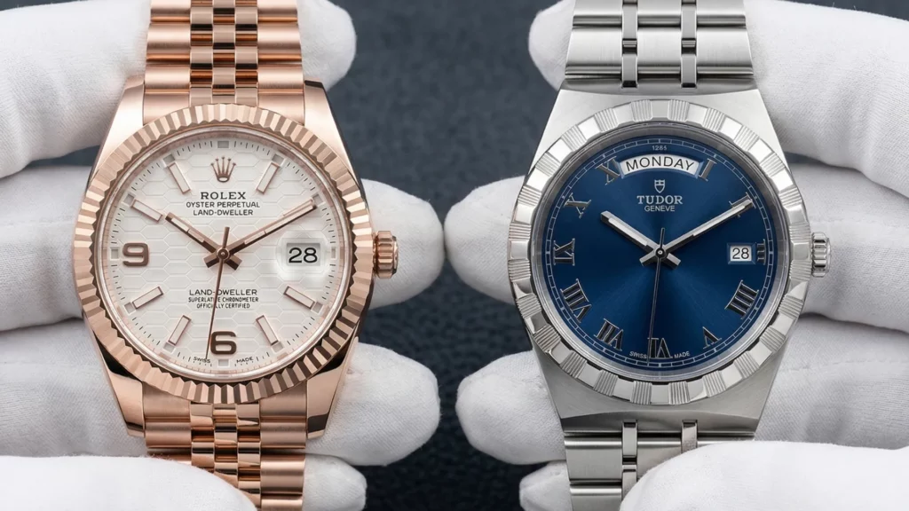 Rolex Land-Dweller rose gold honeycomb dial next to Tudor Royal blue dial with day-date held in white gloves