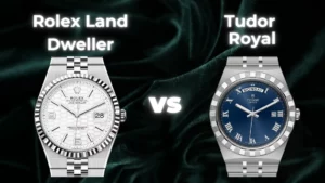 Rolex Land-Dweller white honeycomb dial on Jubilee vs Tudor Royal blue dial on integrated bracelet side by side comparison