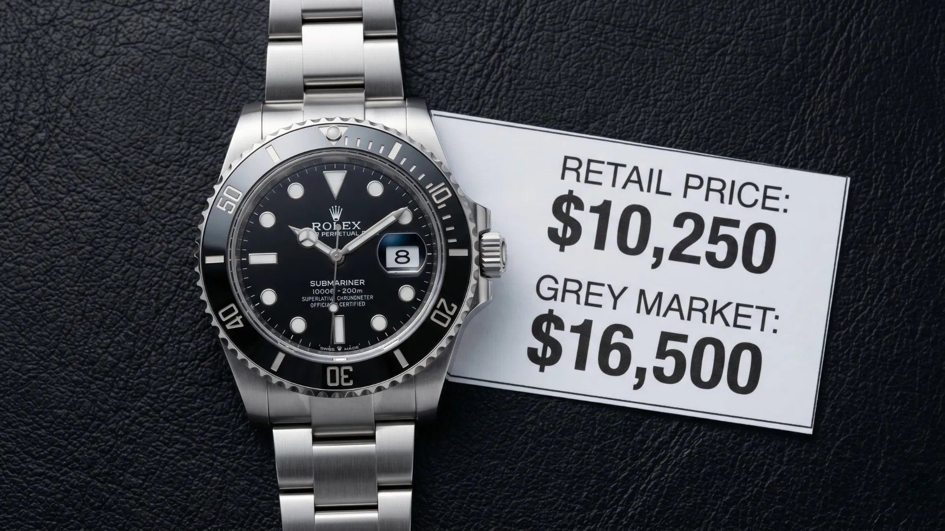 Rolex Submariner black dial on steel bracelet beside price tag showing retail price $10,250 and grey market $16,500 on black leather