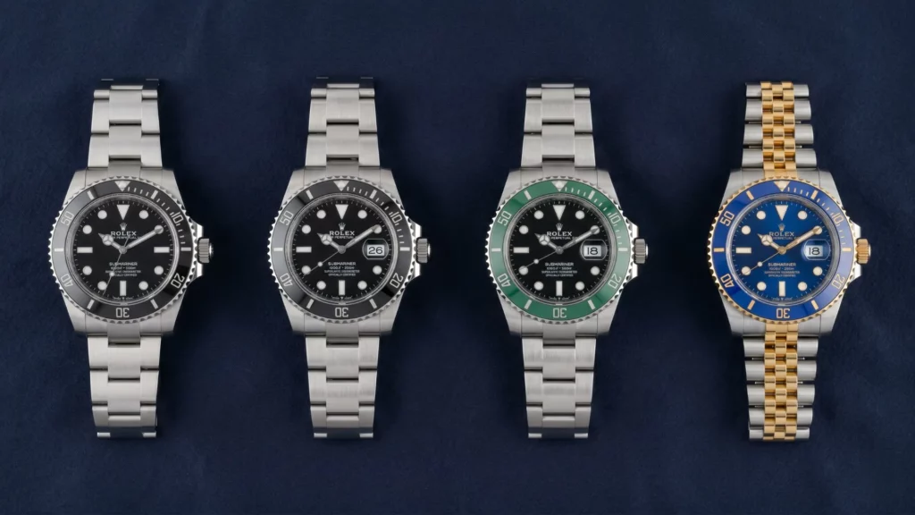 Rolex Submariner in black no-date, black date, green Hulk, and blue two-tone Starbucks on steel bracelets on navy background