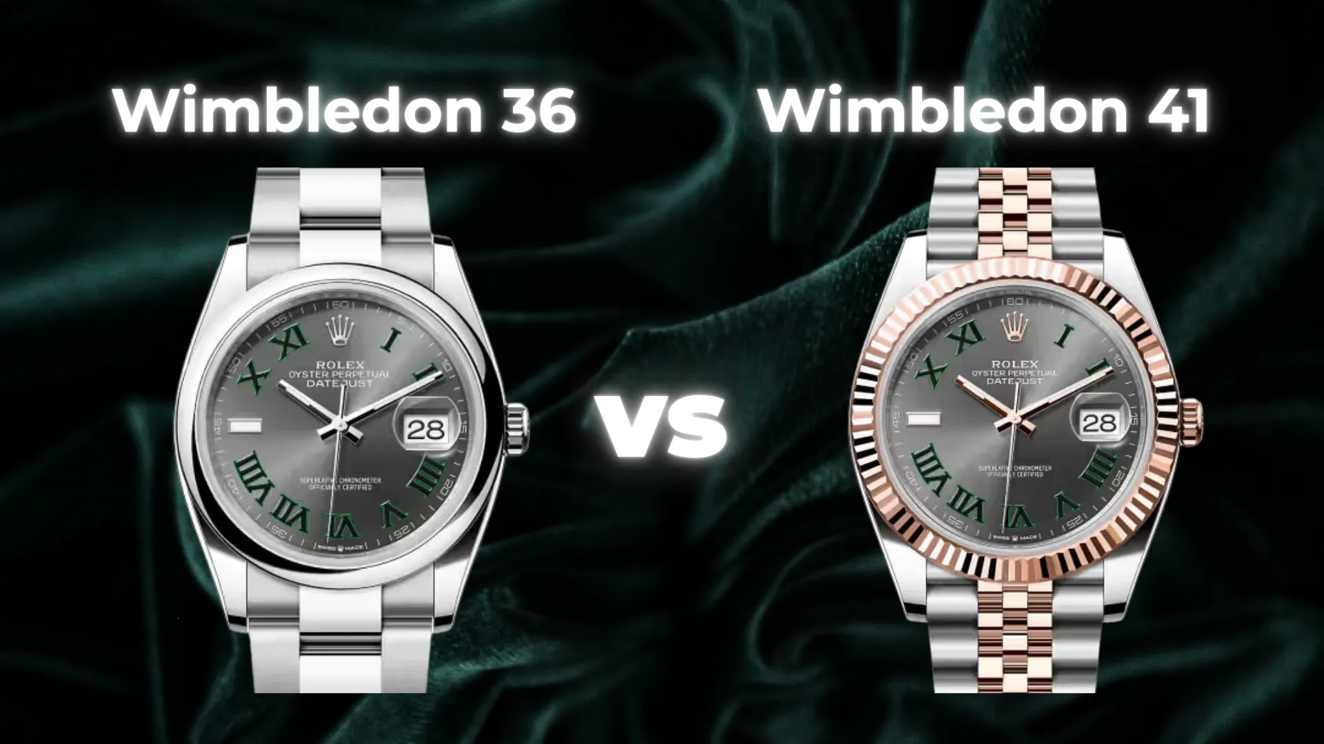 Rolex Datejust Wimbledon 36 on Oyster bracelet vs Wimbledon 41 two-tone on Jubilee bracelet side by side comparison