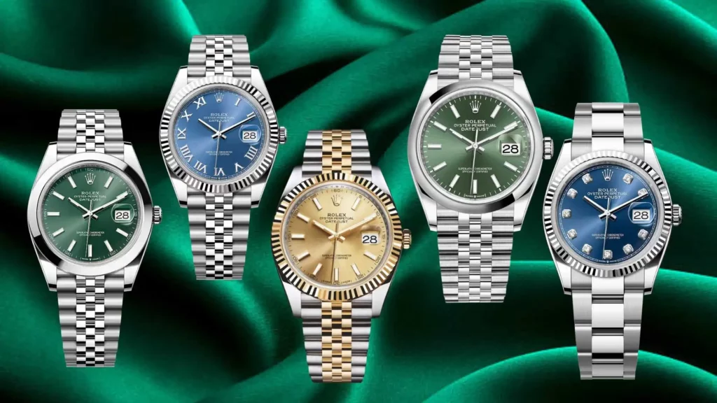 nfographic of Rolex Datejust features, highlighting the Caliber 3235 movement, 70-hour power reserve, and Jubilee or Oyster bracelet options.