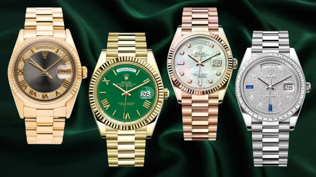 A luxury showcase of four Rolex Day-Date "President" watches on a green fabric backdrop. The collection includes various 18k gold finishes: a yellow gold model with a diamond-set champagne dial; a classic yellow gold model with a vibrant green lacquer dial; an Everose gold model with a mother-of-pearl diamond dial; and a platinum or white gold model featuring a fully paved diamond dial with sapphire hour markers.