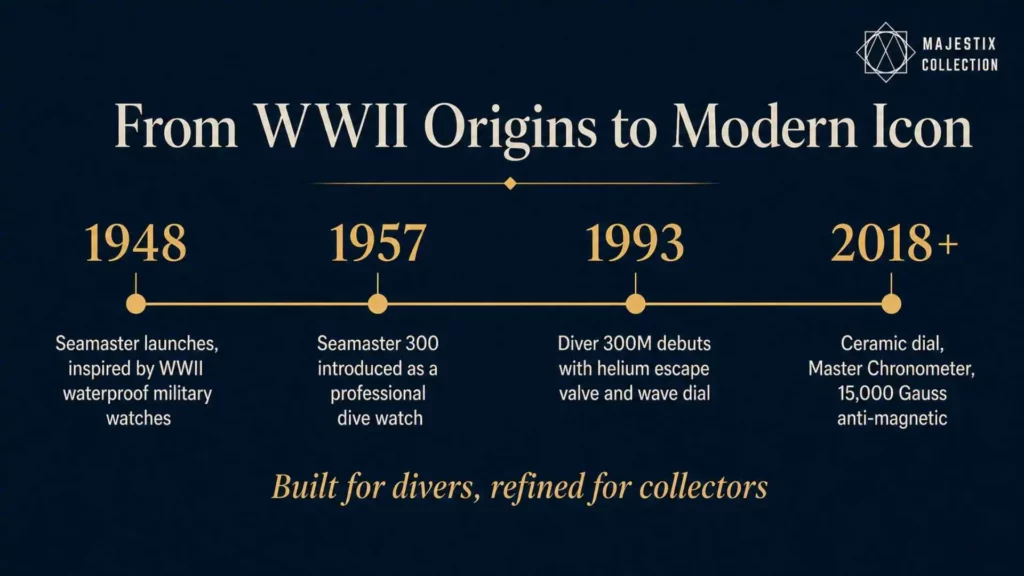 Omega Seamaster timeline from 1948 origins to modern Diver 300M and Planet Ocean
