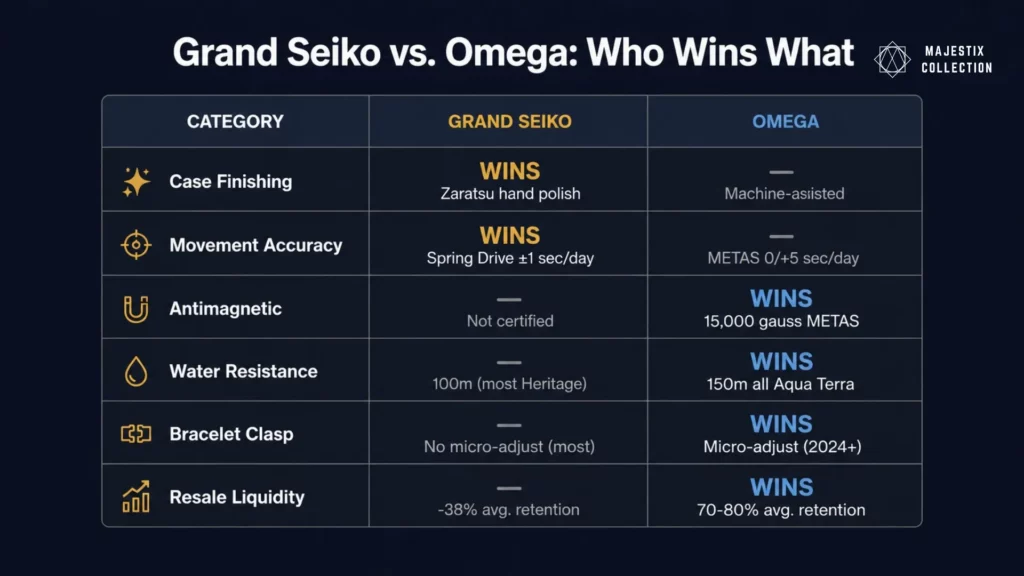 Grand Seiko vs Omega six key differences scorecard showing which brand wins each category