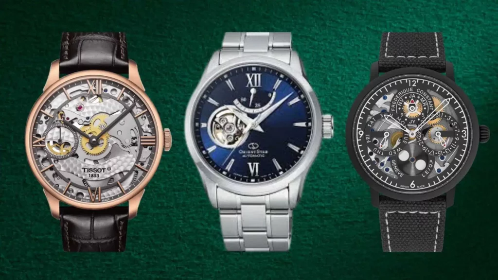 Selection of mid-range skeleton and open-heart watches including a rose gold Tissot Chemin des Tourelles Squelette, a blue dial Orient Star Open Heart on a steel bracelet, and a black Frederique Constant Highlife Perpetual Calendar Manufacture.