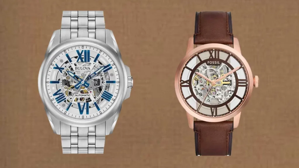 Comparison of affordable skeleton watches under $500 featuring a silver Bulova Sutton Automatic with blue Roman numerals and a rose gold Fossil Townsman with a brown leather strap, both showcasing mechanical movements through an open dial.