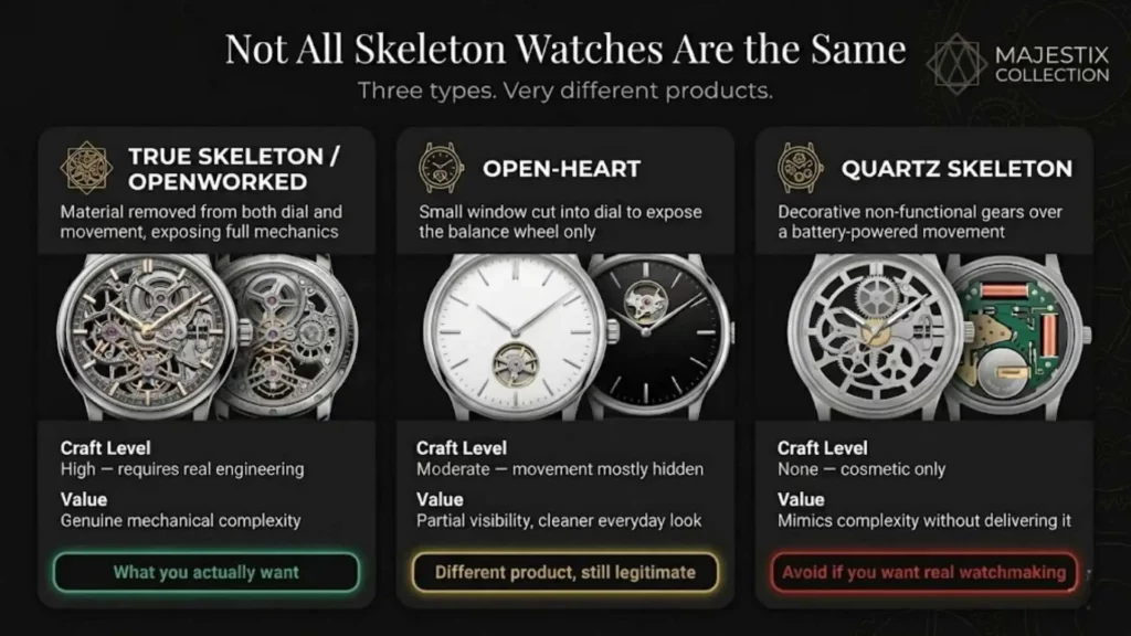 Educational guide explaining the three types of skeletonized watches: True Skeleton or Openworked with high craft level, Open-Heart showing only the balance wheel, and Quartz Skeleton which uses cosmetic-only gears over a battery-powered movement.