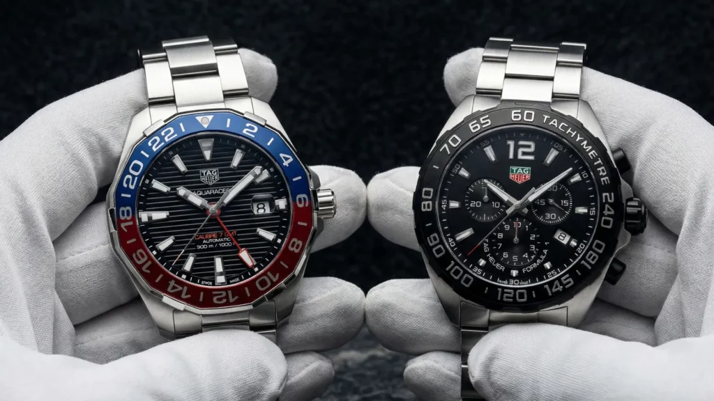 TAG Heuer Aquaracer Calibre 7 GMT red-blue bezel held next to Formula 1 black chronograph tachymetre in white gloved hands