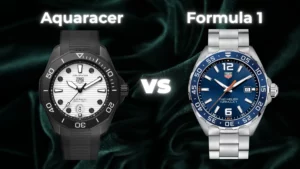 TAG Heuer Aquaracer white dial black rubber vs Formula 1 blue dial steel bracelet side by side comparison on dark background