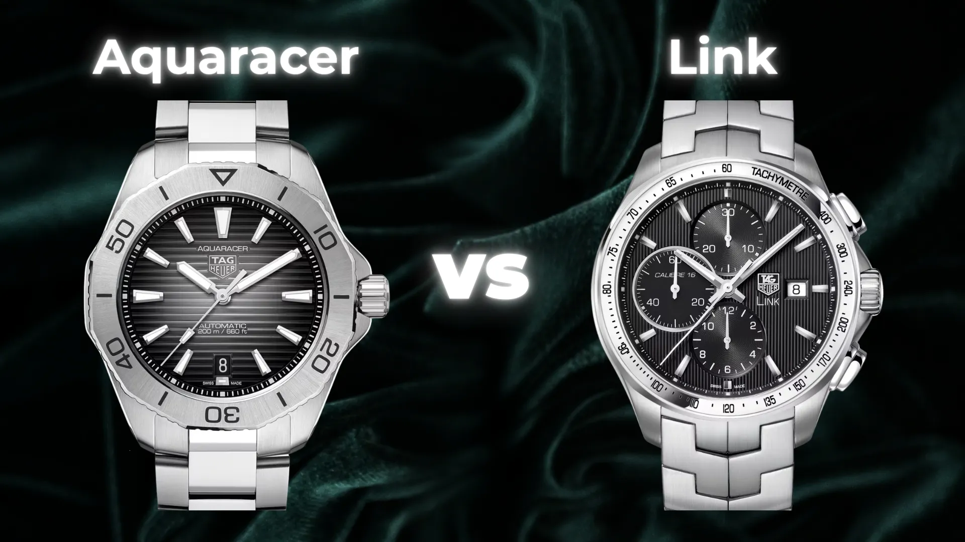 TAG Heuer Aquaracer black dial diver vs Link Calibre 16 black chronograph side by side comparison on dark background