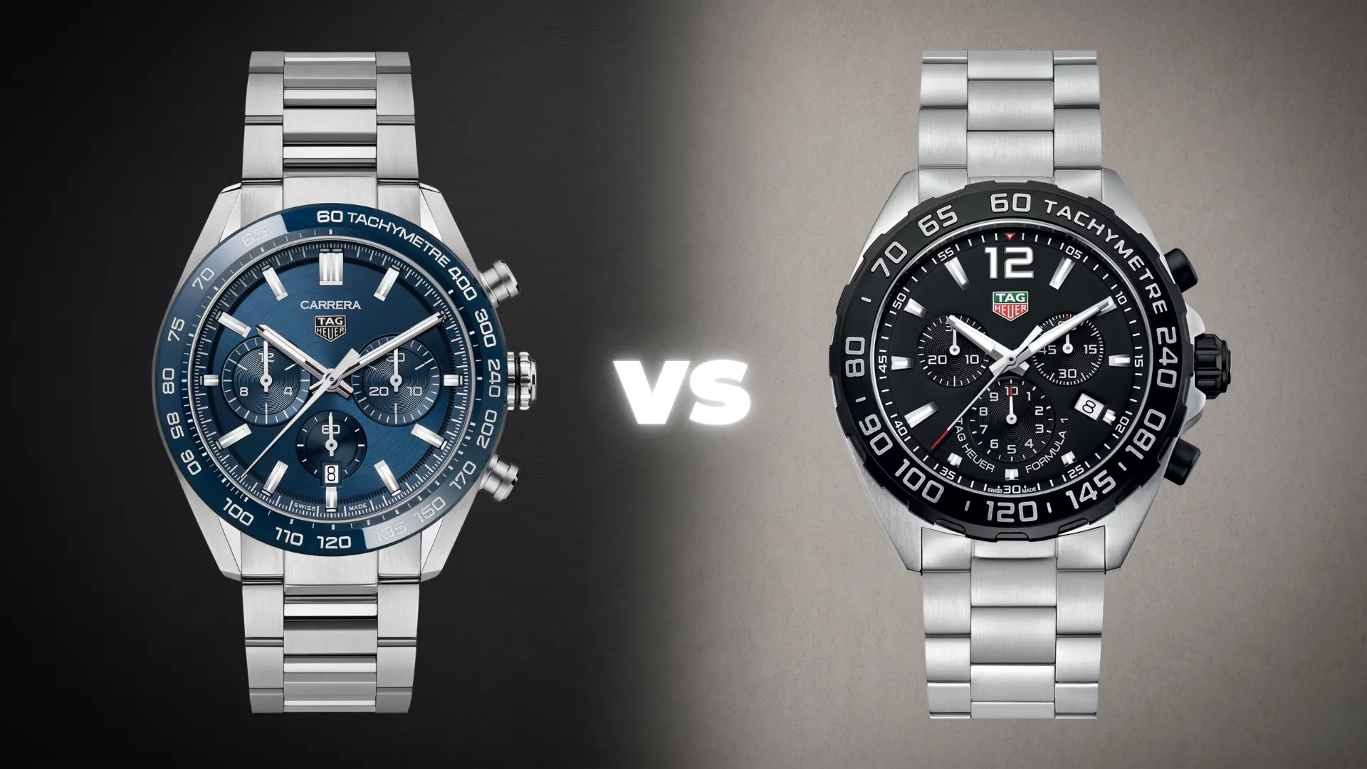 TAG Heuer Carrera blue chronograph tachymetre steel bracelet vs Formula 1 black chronograph tachymetre steel bracelet side by side
