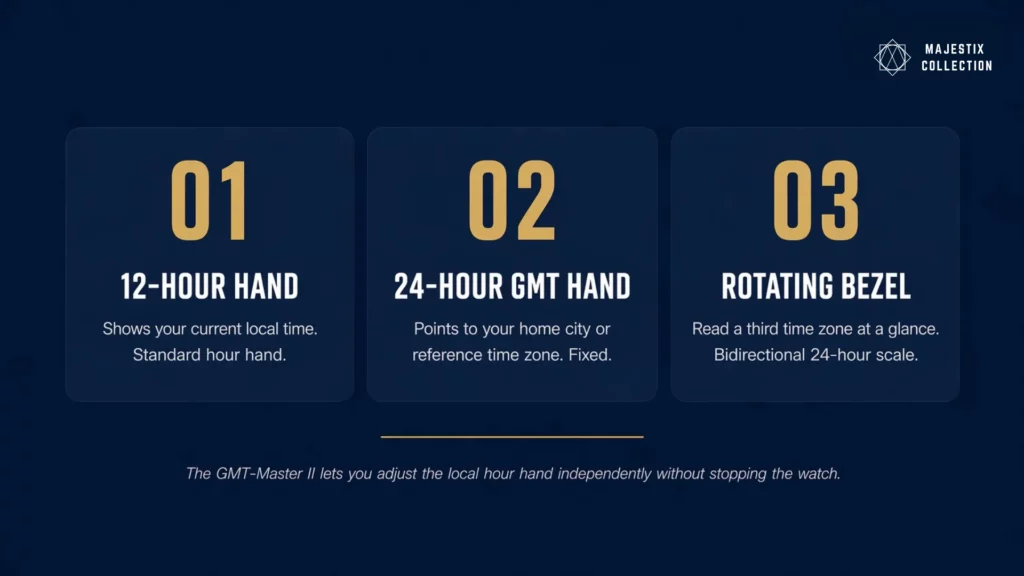 Rolex GMT-Master II flyer GMT complication three time zones diagram