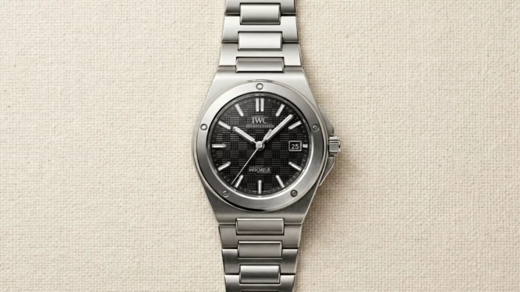 IWC Ingenieur Automatic 40 with black grid dial and integrated steel bracelet on linen background
