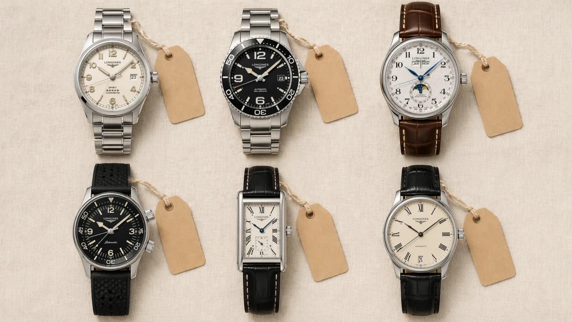 Six Longines models laid out in grid with price tags including Spirit, HydroConquest, Master Collection moonphase, Legend Diver, DolceVita, and flagship
