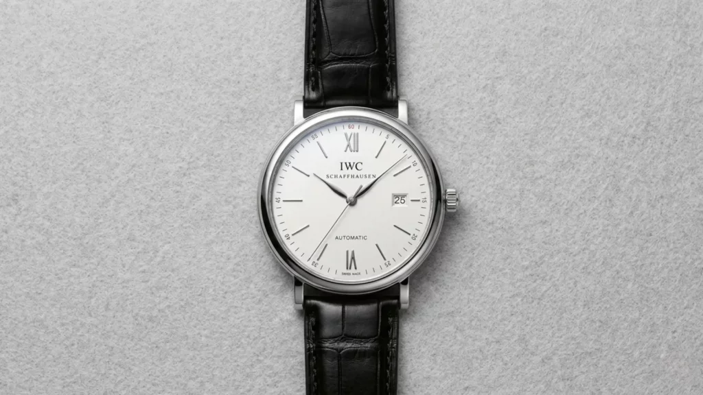 IWC Portofino Automatic with silver dial and black alligator strap on grey felt background