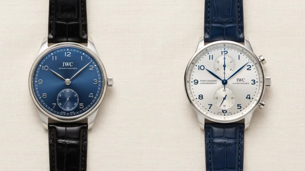 IWC Portugieser Automatic 40 blue dial next to Portugieser Chronograph silver dial with blue accents