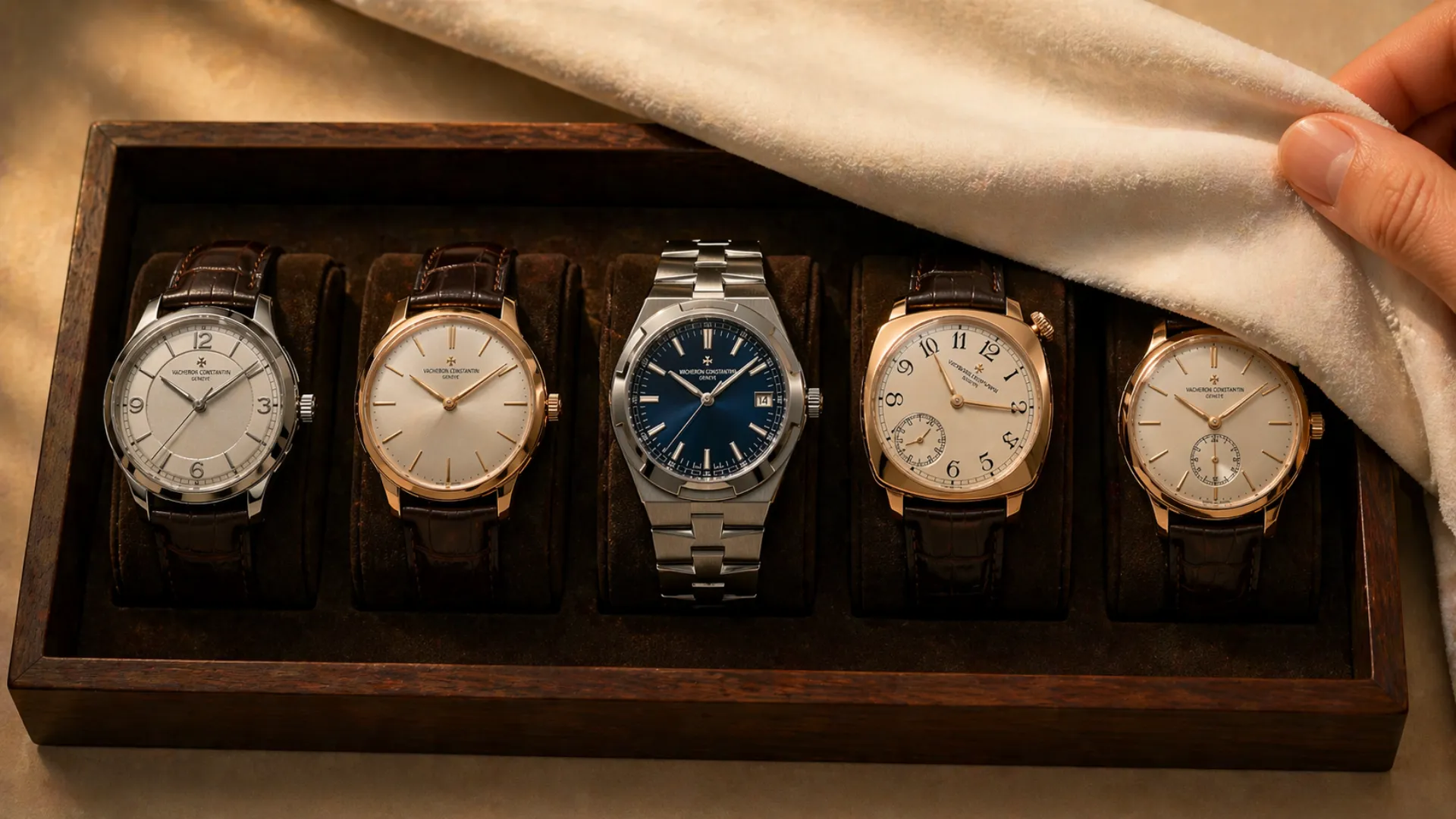 Five Vacheron Constantin watches in a wooden display tray including Patrimony, Overseas blue dial, and Historiques American