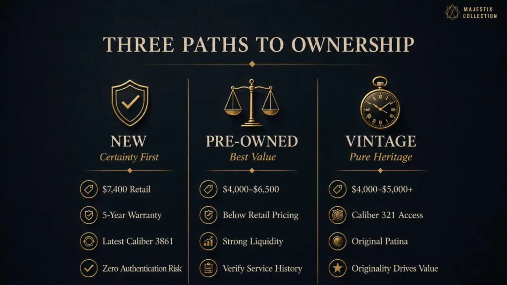 Three Speedmaster buying paths comparing new pre-owned and vintage ownership experiences
