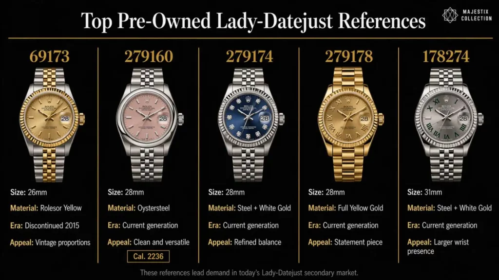 A comparison chart of five popular pre-owned Rolex Lady-Datejust models. From left to right: Ref. 69173 (26mm, two-tone gold/steel, discontinued); Ref. 279160 (28mm, all steel with pink dial); Ref. 279174 (28mm, steel/white gold with blue diamond dial); Ref. 279178 (28mm, full yellow gold with Roman numerals); and Ref. 178274 (31mm, steel/white gold with grey floral/Roman dial). Each entry lists size, material, era, and aesthetic appeal.