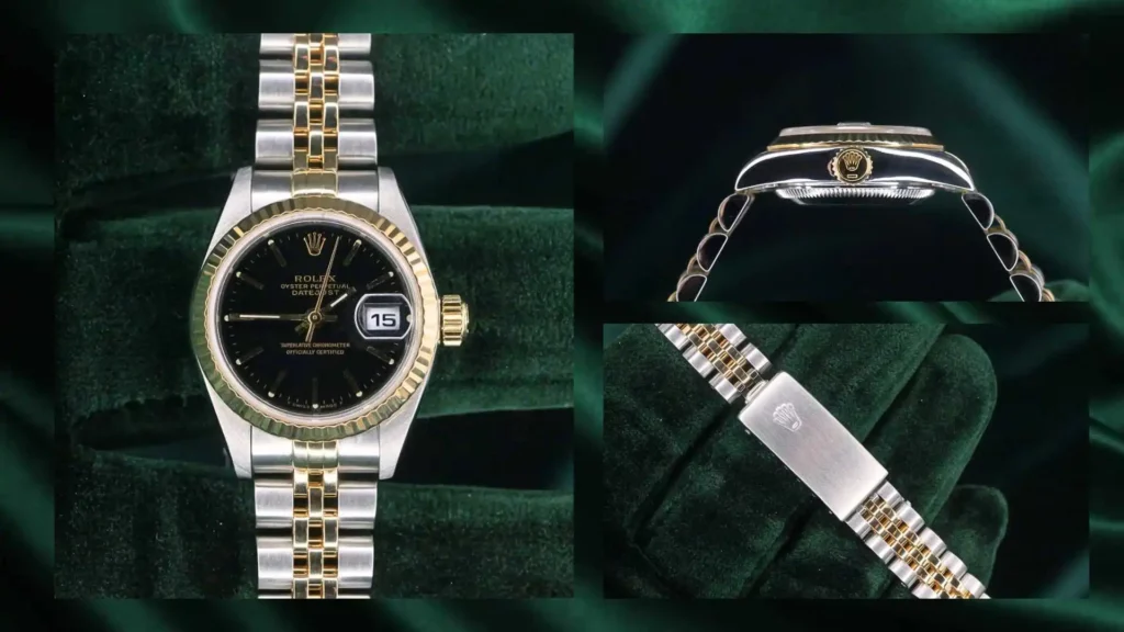 A three-panel collage of a two-tone Rolex Lady-Datejust. The main image shows the watch face-on, featuring a black dial, gold fluted bezel, and a Jubilee bracelet. A top-right inset shows a profile view of the gold crown with the Rolex logo. A bottom-right inset shows a close-up of the brushed steel deployment clasp with the embossed Rolex crown.