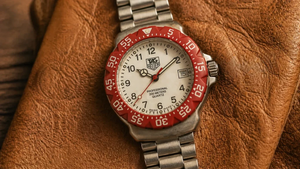 Vintage TAG Heuer Formula 1 quartz white dial with red plastic bezel on steel bracelet resting on worn brown leather