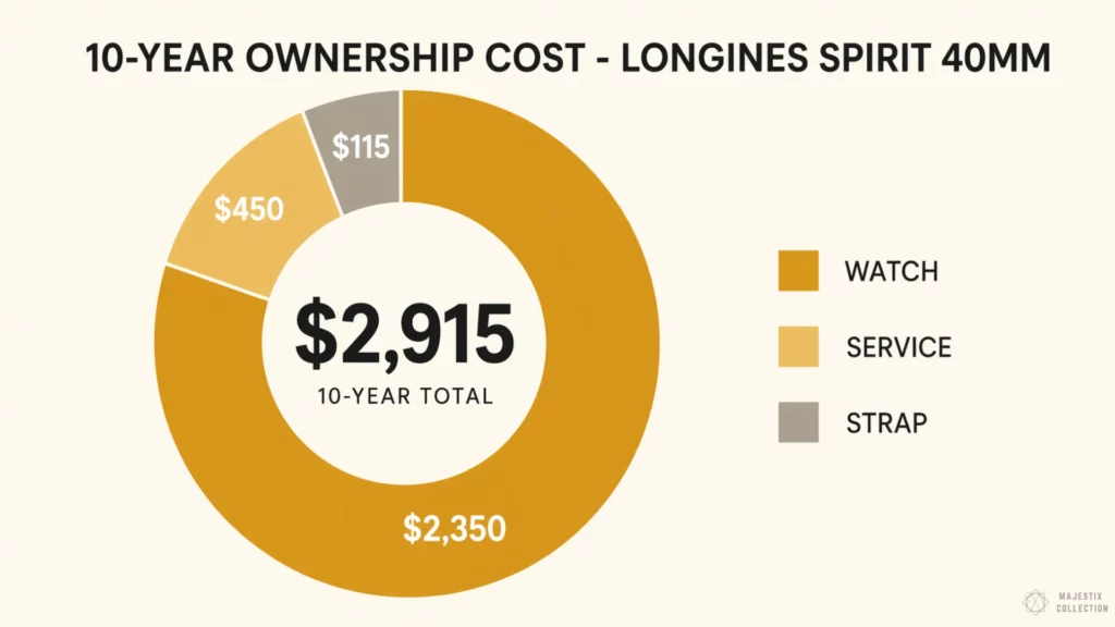 Donut chart showing 10-year ownership cost of Longines Spirit 40mm totaling $2,915 broken down by watch, service, and strap costs