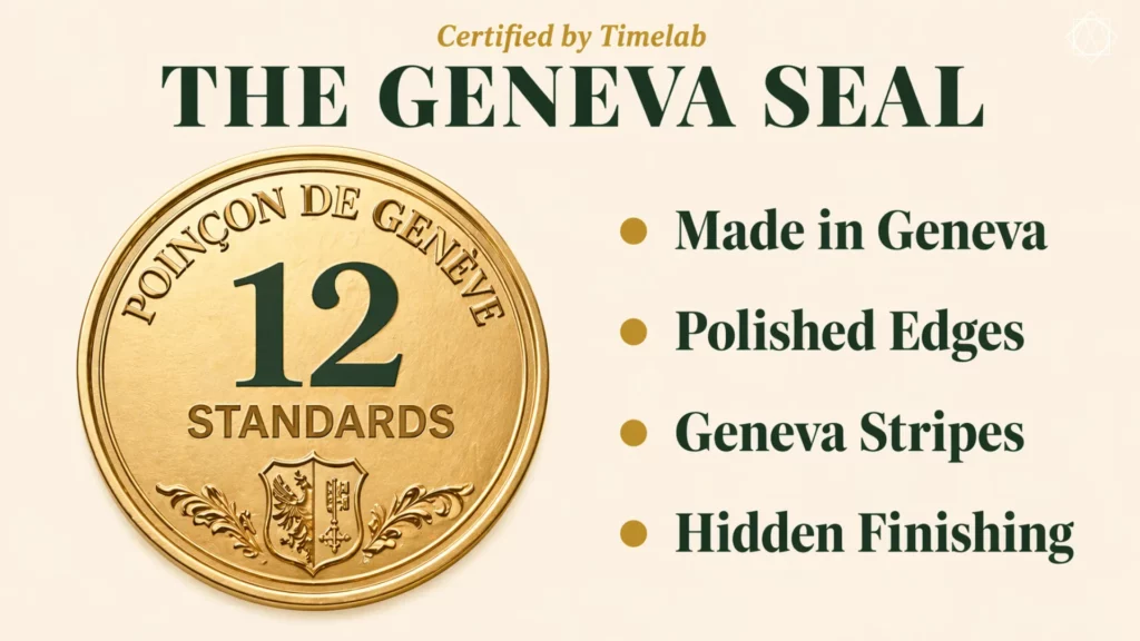 Geneva Seal gold medallion with Poinçon de Genève and 12 standards including made in Geneva, polished edges, Geneva stripes, and hidden finishing