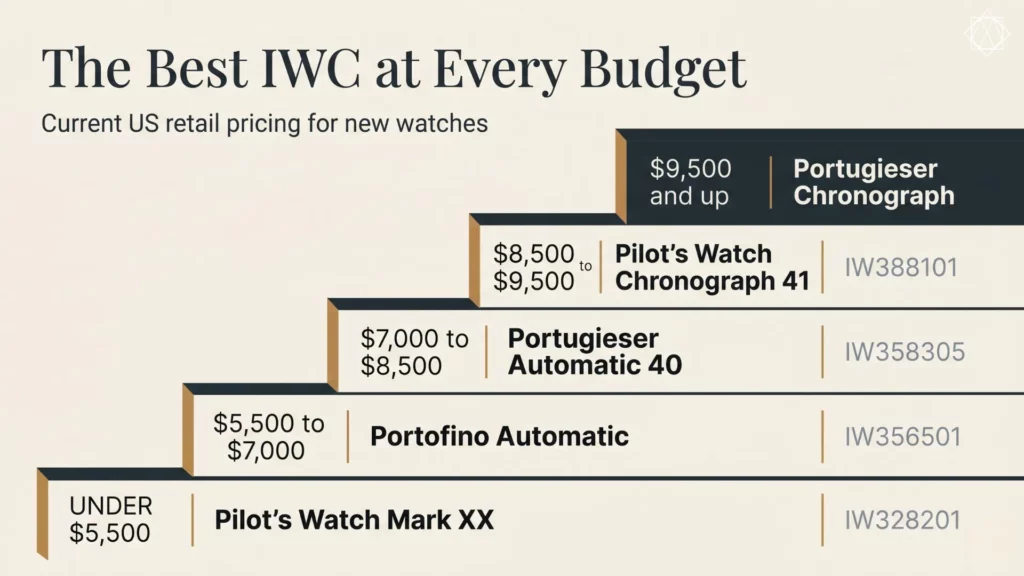 IWC budget tier chart from Pilot's Watch Mark XX under $5,500 up to Portugieser Chronograph at $9,500 and up