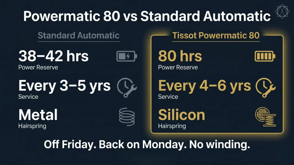 Infographic comparing Tissot Powermatic 80 against standard automatic movements on power reserve, service interval, and hairspring material