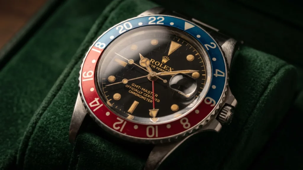 Vintage Rolex GMT-Master Pepsi with aged gilt dial and red-blue aluminum bezel resting on green velvet watch cushion