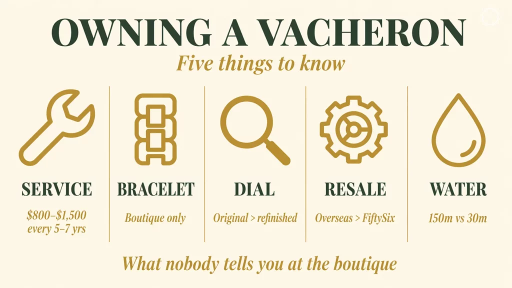 Owning a Vacheron infographic showing five things to know: service cost, bracelet, dial, resale, and water resistance