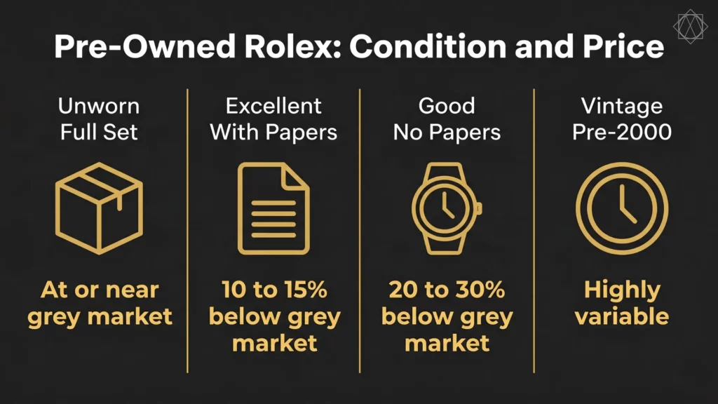 Infographic showing pre-owned Rolex pricing by condition from unworn full set to vintage pre-2000 with grey market discount percentages