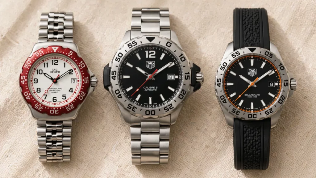 Three TAG Heuer Formula 1 generations side by side: vintage red bezel, modern Calibre 5 black steel bracelet, and 2025 Solargraph orange rubber strap