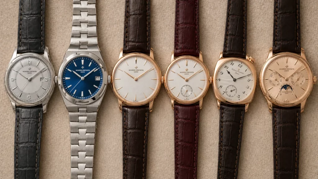 Six Vacheron Constantin watches lined up showing Patrimony, Overseas, Traditionnelle, Historiques American, and perpetual calendar models