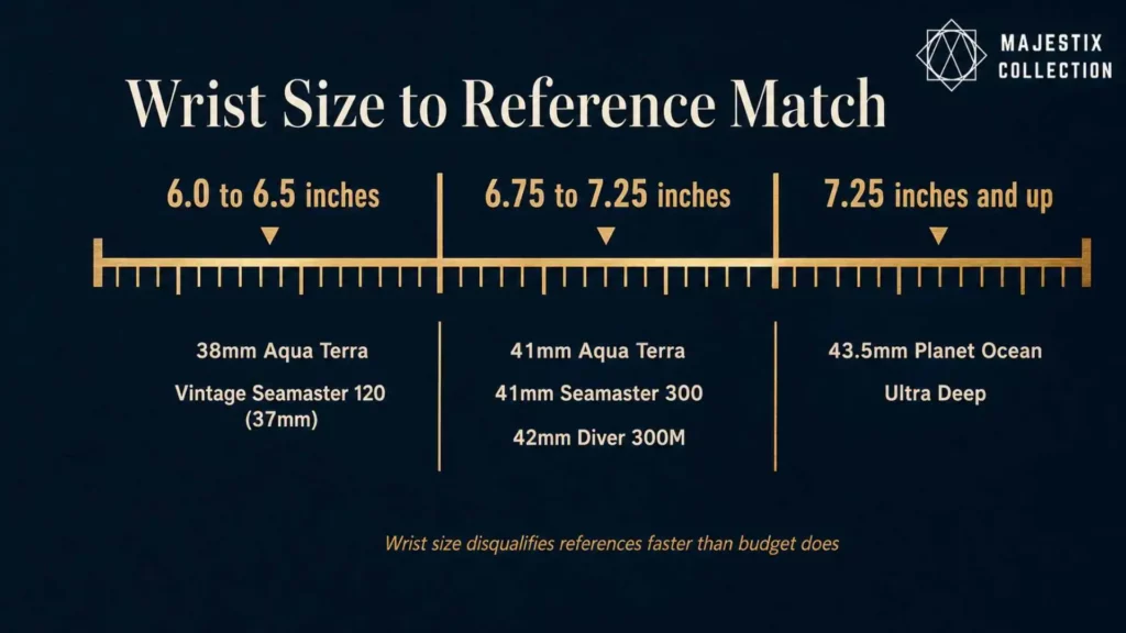Wrist size chart matching inches to recommended Omega Seamaster references