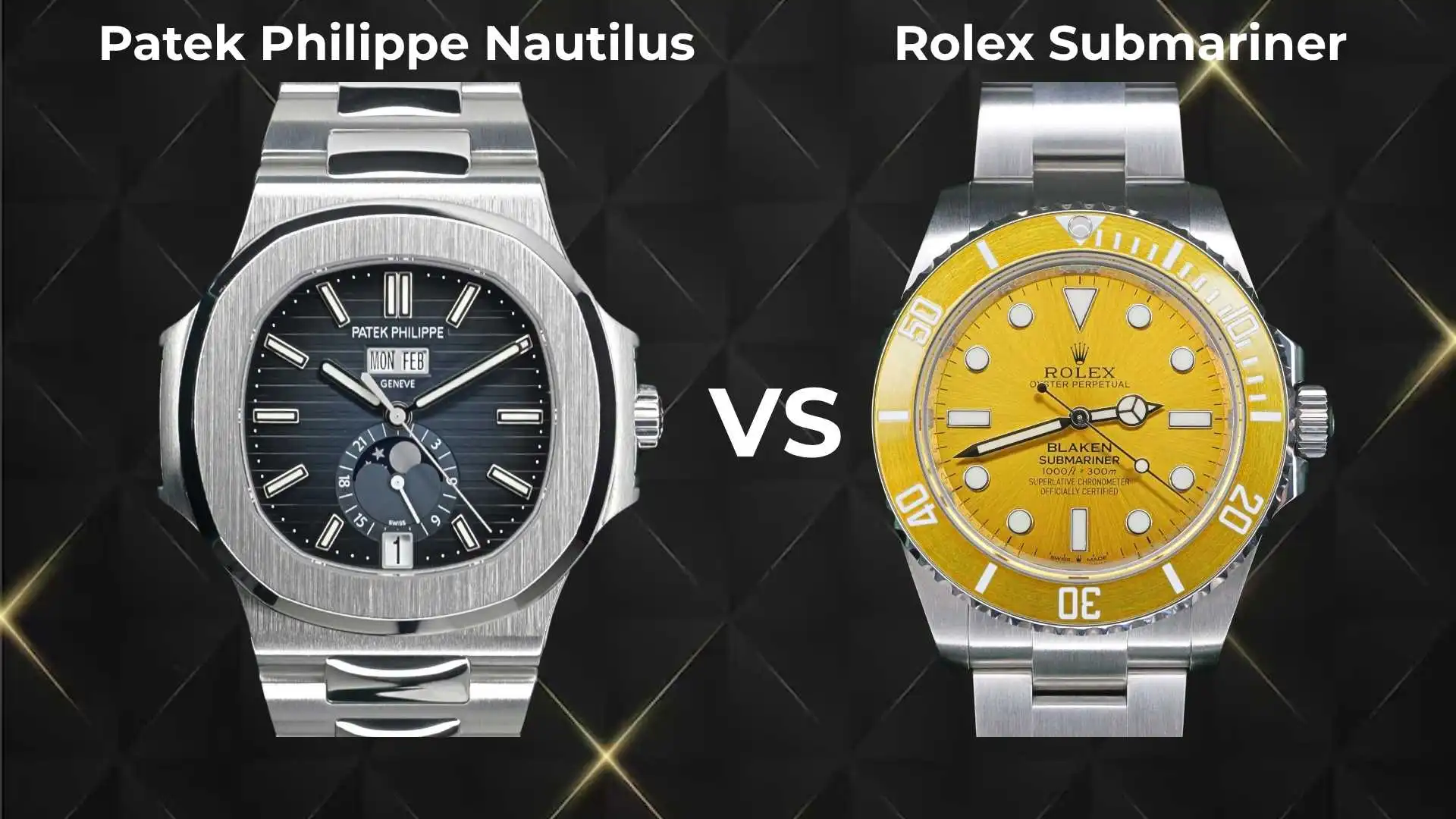 Side-by-side comparison of a Patek Philippe Nautilus Moon Phase with a blue dial and a custom yellow-dial Rolex Submariner by Blaken against a dark geometric background.