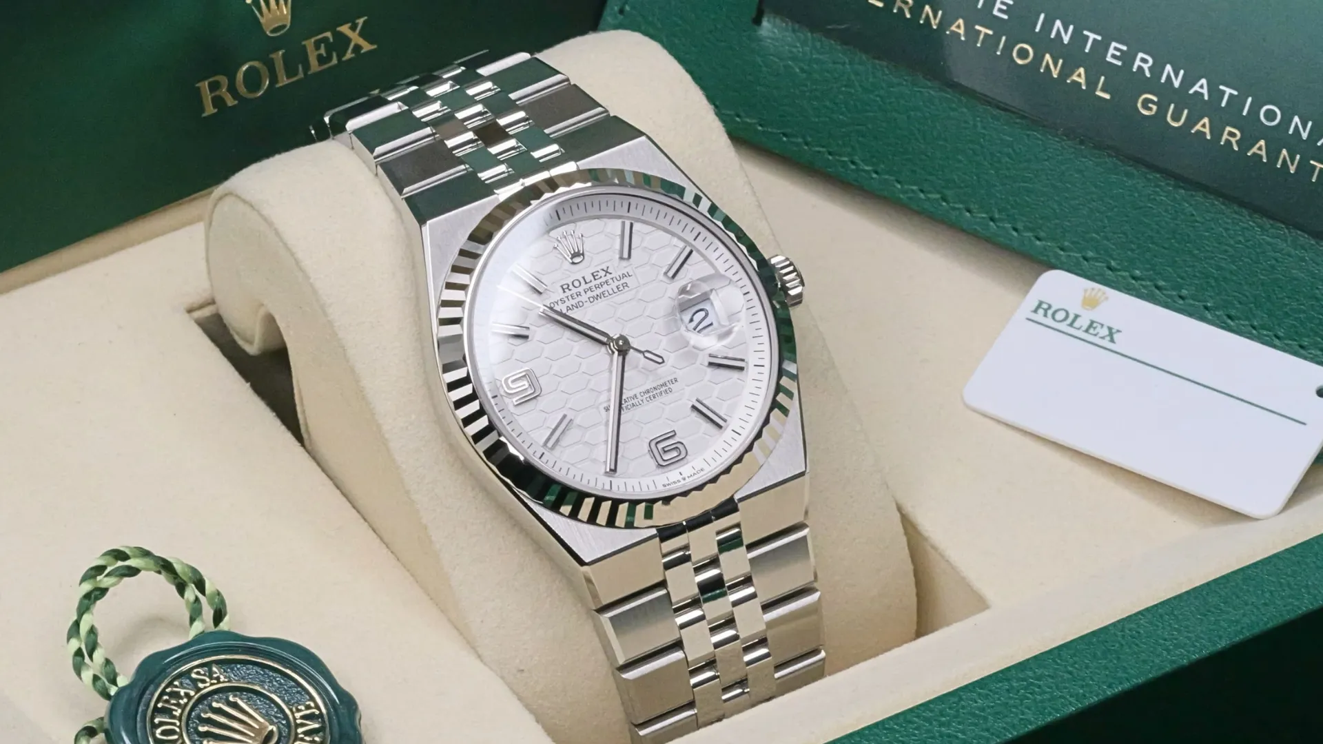 Rolex Land-Dweller White Honeycomb Motif Dial White Gold Fluted Bezel Flat Jubilee Bracelet Stainless