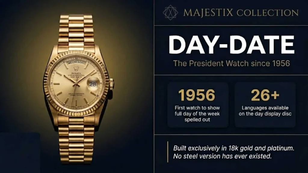 An educational infographic for the Rolex Day-Date, known as the "President Watch." It highlights that the model debuted in 1956 as the first watch to spell out the full day of the week, available in over 26 languages. Crucially, the text specifies that the Day-Date is built exclusively in 18k gold and platinum, stating that "no steel version has ever existed."