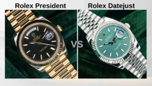 A side-by-side visual comparison titled "Rolex President vs. Rolex Datejust." On the left, a gold Rolex Day-Date (President) features the signature day window at 12 o'clock and the three-link President bracelet. On the right, a stainless steel Rolex Datejust displays a green dial with the date window at 3 o'clock and the five-link Jubilee bracelet.