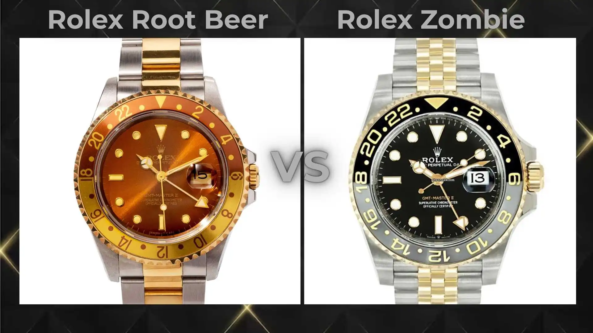 Side-by-side comparison of a vintage Rolex GMT-Master Root Beer with a brown sunburst dial and a modern Rolex GMT-Master II Zombie with a black dial and grey-black bezel.