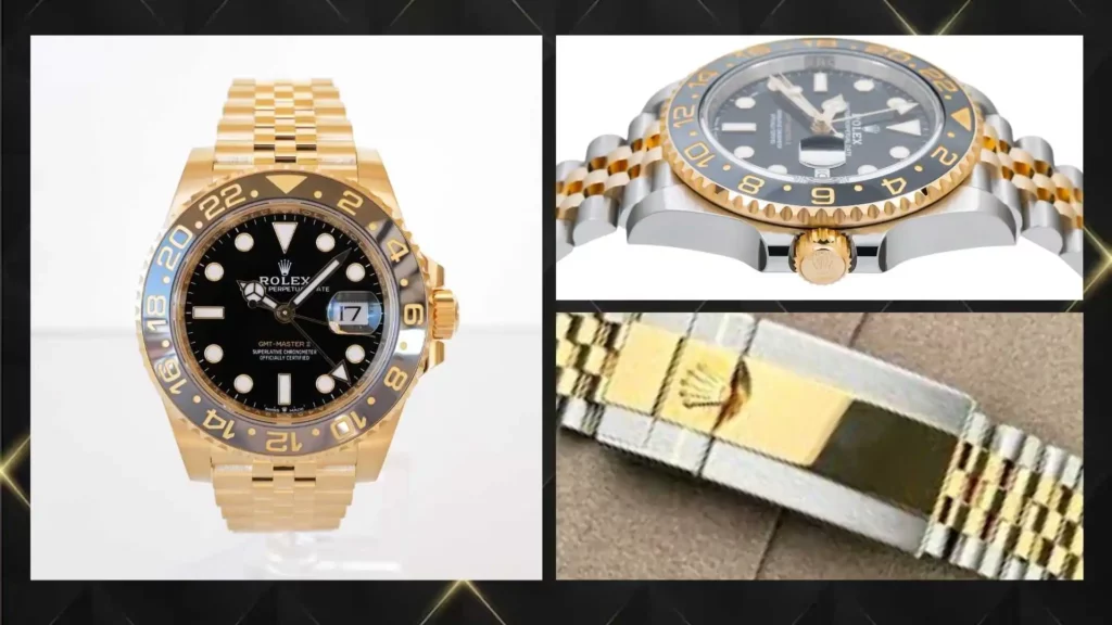 Detailed product shot and specifications for the Rolex GMT-Master II 126713GRNR "Zombie," highlighting the grey Cerachrom bezel, yellow gold accents, and two-tone Jubilee bracelet.