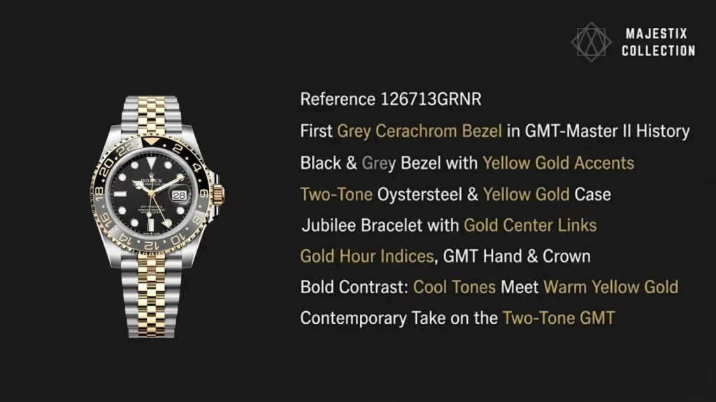 Detailed product shot and specifications for the Rolex GMT-Master II 126713GRNR "Zombie," highlighting the grey Cerachrom bezel, yellow gold accents, and two-tone Jubilee bracelet.