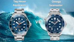 A head-to-head visual comparison between the blue dial TAG Heuer Aquaracer Professional 300 and the Omega Seamaster Diver 300M, set against a crashing ocean wave background.